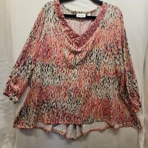 Avenue Pink Multi Print Beaded V-Neck 3/4 Gathered Slv Tunic Top Plus Sz 22-24